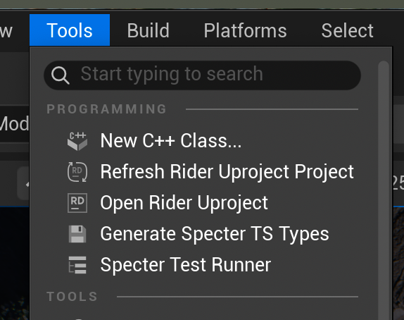 Generate Specter TS Types from the Unreal Engine Tools Menu